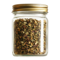 A jar filled with dried herbs, showcasing vibrant colors and textures. png