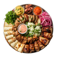 A vibrant platter of grilled meats, sides, and sauces, perfect for any feast. png