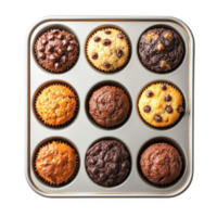 A fresh batch of assorted muffins in a baking tray, ready to be enjoyed. png