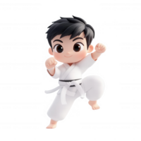 Cute cartoon character practicing karate in a dynamic pose, inspiring fitness and fun. png