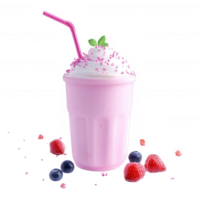 Delicious pink milkshake topped with whipped cream and berries on a bright background. png