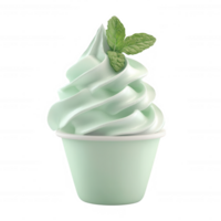 Delicious mint soft serve ice cream in a cup, topped with fresh mint leaves. png