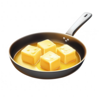 Melting butter cubes in a frying pan, perfect for cooking and culinary presentations. png