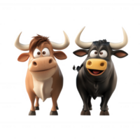 Two cheerful cartoon bulls with expressive eyes and friendly smiles. png