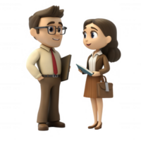 Two animated characters having a positive conversation in a professional setting. png
