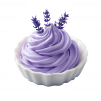 Delicious lavender-flavored cream in a decorative bowl, garnished elegantly. png
