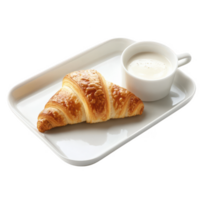 Fresh croissant served with a cup of creamy milk, perfect for breakfast delight. png