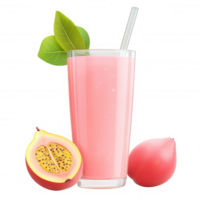 Refreshing pink guava smoothie with fruit slices and green leaves on a clear backdrop. png
