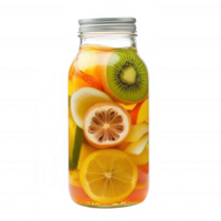 Refreshing fruit-infused beverage in a glass jar with vibrant citrus and kiwi slices. png