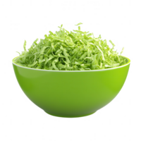 Freshly chopped green cabbage in a bright green bowl, perfect for salads and cooking. png