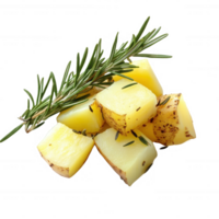 Freshly chopped potato cubes garnished with fragrant rosemary sprigs. png