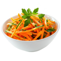 Freshly prepared carrot salad garnished with parsley in a white bowl. png