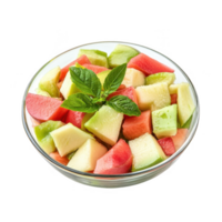 Freshly cut fruit salad in a glass bowl with mint garnish, vibrant and healthy. png