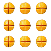 Vibrant mango slices arranged in a neat grid pattern, showcasing fresh fruit. png