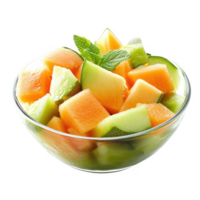 Fresh and colorful fruit salad featuring melon and mint in a clear glass bowl. png