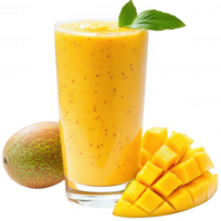 Fresh mango smoothie in a tall glass with mango chunks and a slice of mango. png