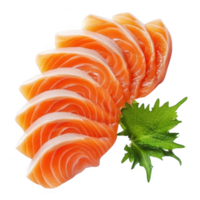 Freshly sliced salmon served with a garnish of green shiso leaf. png