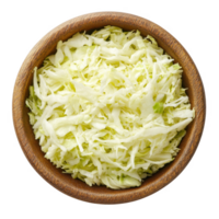 Freshly shredded cabbage in a wooden bowl, perfect for salads and recipes. png