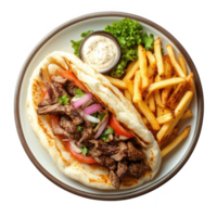 Delicious shawarma wrap served with fries and a dip, fresh and flavorful. png