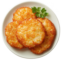 Delicious golden brown potato pancakes garnished with fresh parsley on a plate. png