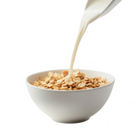 Milk being poured into a bowl of oats, creating a delicious breakfast scene. png