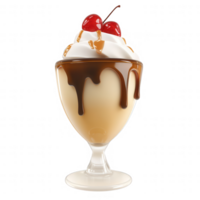 Delicious ice cream sundae topped with sauce, cherries, and whipped cream. png