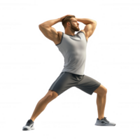 Strong athlete performing a dynamic stretching exercise for improved flexibility. png