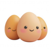 Three adorable smiling eggs with cheerful expressions against a plain background. png