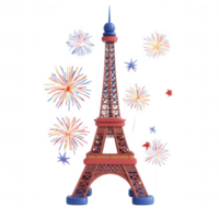 Illustration of the Eiffel Tower surrounded by colorful fireworks at night. png
