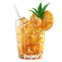 Refreshing cocktail with ice, pineapple, and orange garnishes in a glass. png