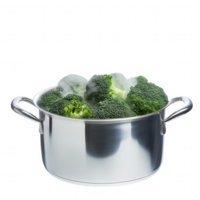 Fresh broccoli steaming in a stainless steel pot, perfect for healthy meal preparations. png