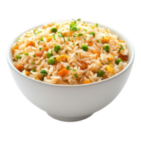 Delicious bowl of fried rice with peas and carrots, perfect for a tasty meal. png