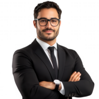 Confident businessman dressed in formal suit with arms crossed and a professional smile. png