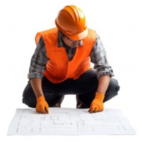 Construction worker reviewing blueprints at a building site for a new project. png