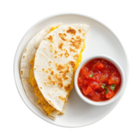 Delicious cheesy quesadilla served with fresh salsa on a white plate. png