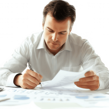 man granskning dokument och analyserar data i en professionell miljö. png