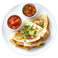 Delicious quesadillas served with fresh salsa and garnished with cilantro. png