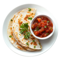 Delicious quesadillas with fresh salsa served on a plate garnished with herbs. png