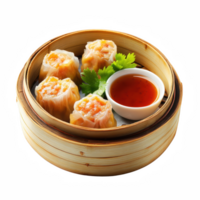 Delicious bamboo steamer filled with shrimp dumplings and dipping sauce. png