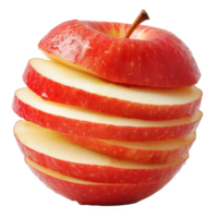 Fresh red apple sliced into spirals, showcasing its juicy interior and vibrant color. png