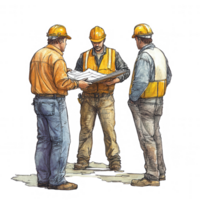 Three construction workers discussing project plans with blueprints in hand. png