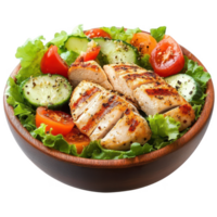 Delicious grilled chicken salad with fresh vegetables in a wooden bowl. png