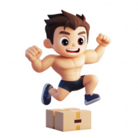 A joyful cartoon character energetically jumping over a box, showcasing enthusiasm. png