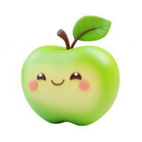 A cute, smiling green apple with a cheerful expression and a green leaf. png