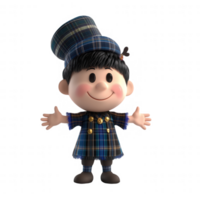 Cheerful animated character wearing a plaid outfit with arms open wide, inviting joy. png