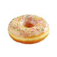 A delicious frosted donut topped with colorful sprinkles on a white background. png
