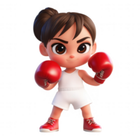 un linda animado niña personaje Listo para boxeo con rojo guantes y determinación. png