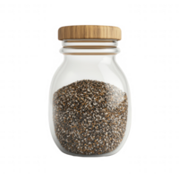A glass jar filled with chia seeds, showcasing their unique texture and color. png