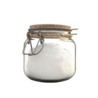 A transparent jar filled with white flour, showcasing its texture and clarity. png