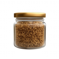A jar filled with golden brown sugar, perfect for adding flavor to various dishes. png